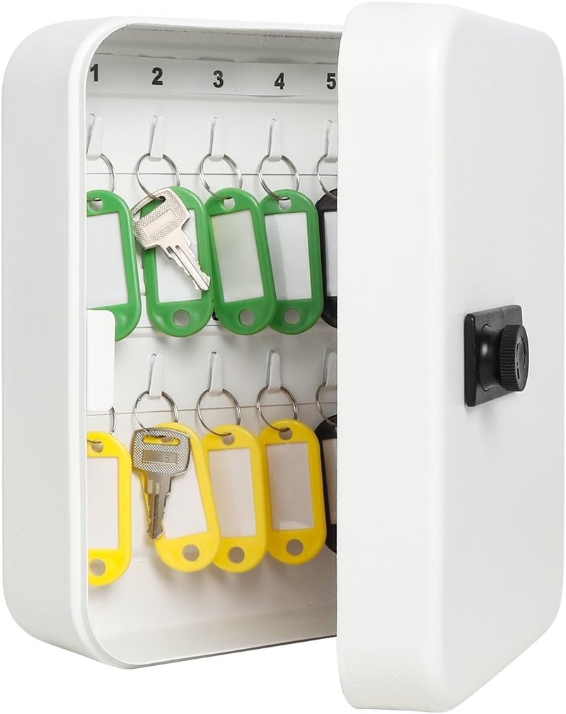 Parrency Key Lock Box Wall Mounted with 20 Key Hooks, Key Cabinet with Combination Lock Digital Security Storage Box with Colorful Key Tag Labels Stickers and Hooks,White, 7 4/5" x 6 1/5" x 2 4/5" - Image 4